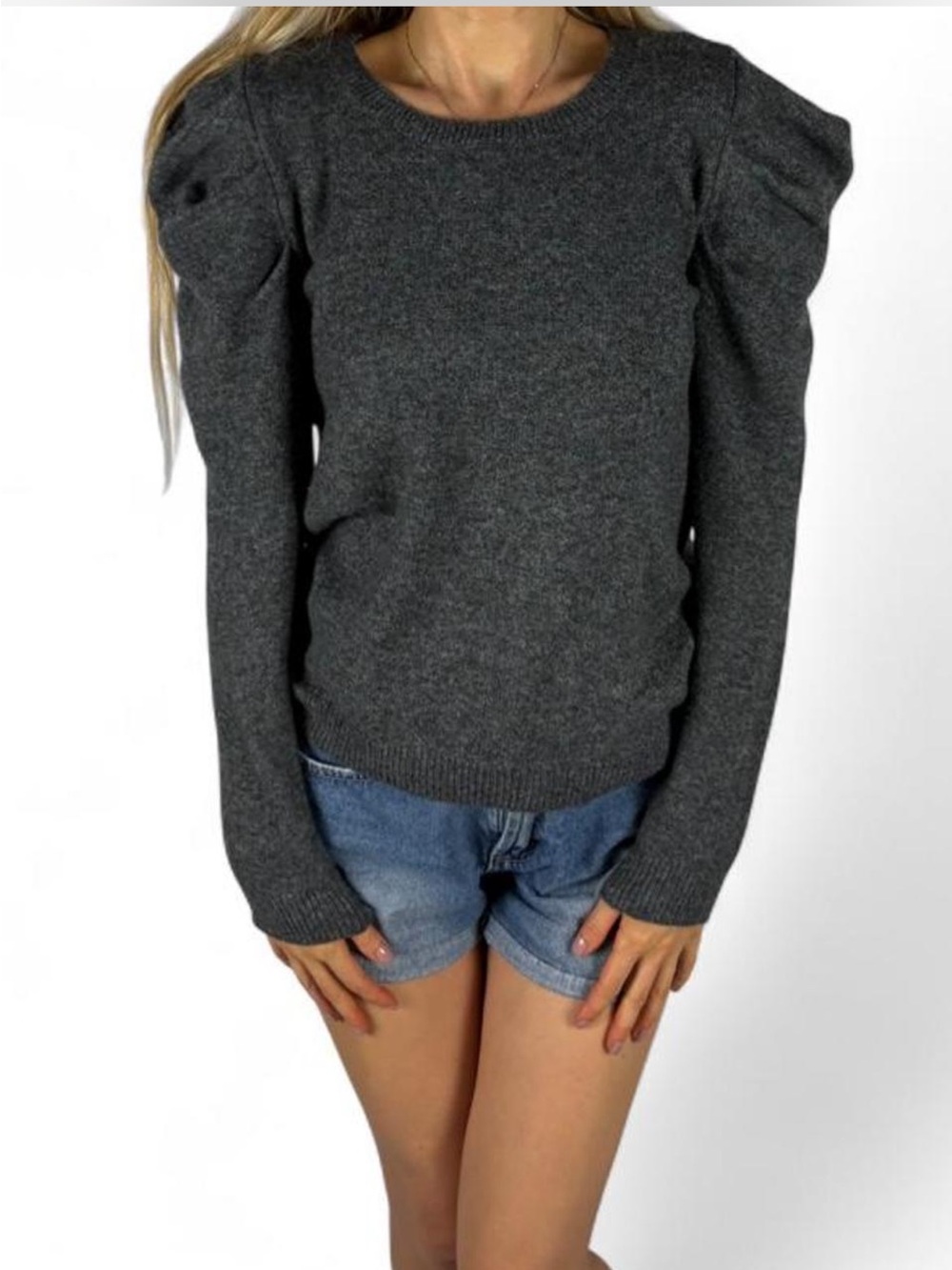 Puff sleeve soft heathered gray knit pullover long sleeve crewneck sweater S
